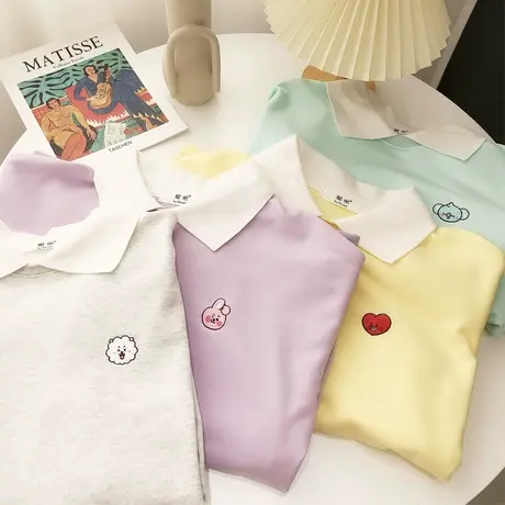 2022早春新款韩国东大门ins学院风卡通刺绣Polo领毛圈棉卫衣大码图片