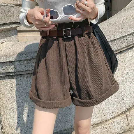 送腰带短裤女外穿2022秋冬新款灯芯绒阔腿宽松高腰显瘦咖色靴裤图片