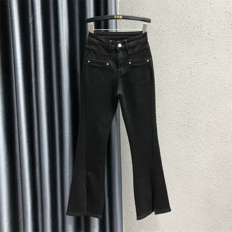 2023秋季新款黑色简约设计感时尚百搭牛仔微喇裤女弹力显瘦长裤潮商品大图