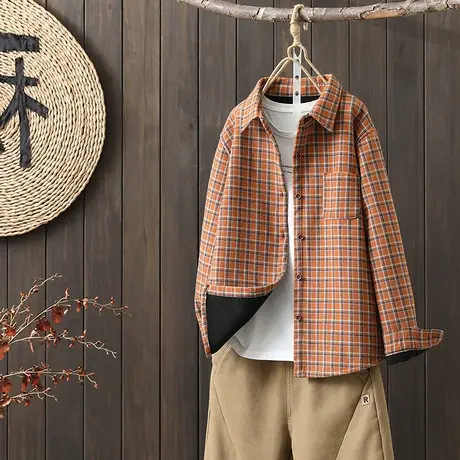 枫谜2022年冬季新款复古文艺休闲小格子加绒翻领长袖保暖打底衬衫商品大图