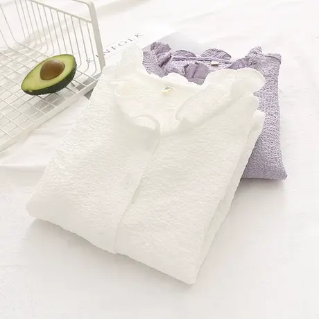 韩版甜美日系泡泡棉花边立领白色长袖衬衫女学院风春秋季气质衬衣商品大图