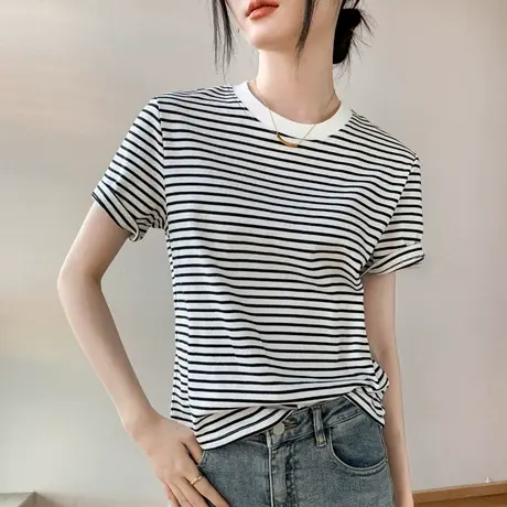 黑白条纹短袖T恤女2023春夏季新款圆领宽松休闲衬衫内搭半袖上衣图片