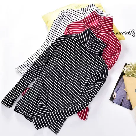 2023秋季新款韩版女装chic高领黑白细条纹宽松学生长袖打底衫T恤图片