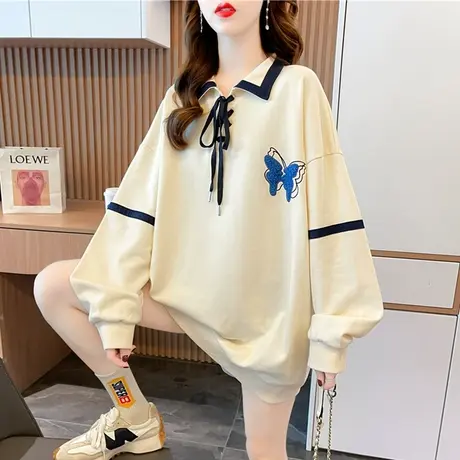 翻领polo衫卫衣女春秋韩版宽松中长款早秋薄款ins绑带上衣外套潮图片