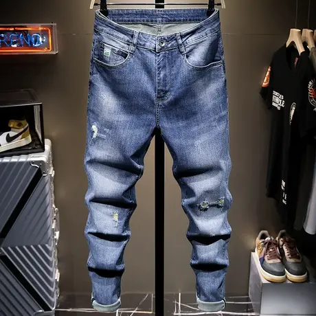 夏季薄款潮牌破洞牛仔裤男修身小脚男士休闲弹力百搭长裤子青少年商品大图