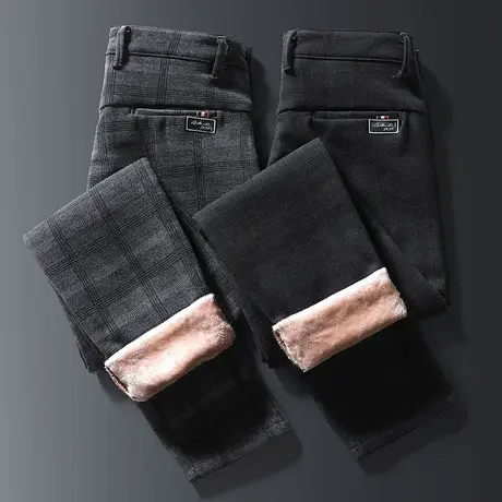 冬季2023新款秋冬装男士休闲裤加绒加厚西裤格子男裤子西装加棉裤商品大图