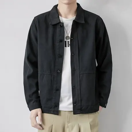 春秋季新款男士工装外套男开衫痞帅休闲宽松黑色短款翻领夹克男款商品大图