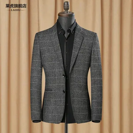 男士西服上衣秋季新款韩版潮流帅气休闲小西装男修身灰色格子外套图片
