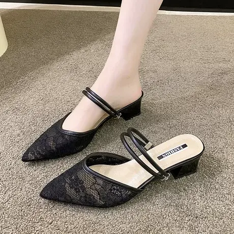 韩版两穿拖鞋2023新款女夏外穿时装网纱中跟包头半拖鞋粗跟凉拖商品大图