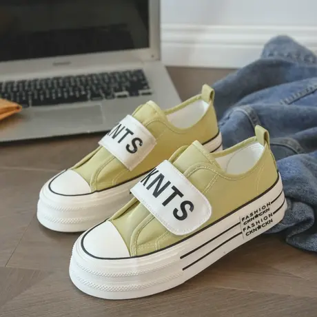 魔术贴拼色帆布鞋女牛油果绿百搭防水小白鞋潮流软底时尚休闲鞋图片