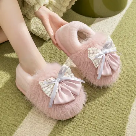 蝴蝶结毛绒棉拖鞋女士秋冬季2023新款室内家居保暖包跟厚底月子鞋商品大图