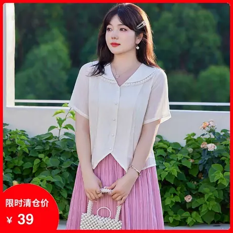 【清仓】季新款大码女装胖mm洋气娃娃领显瘦衬衫宽松短袖上衣开衫商品大图