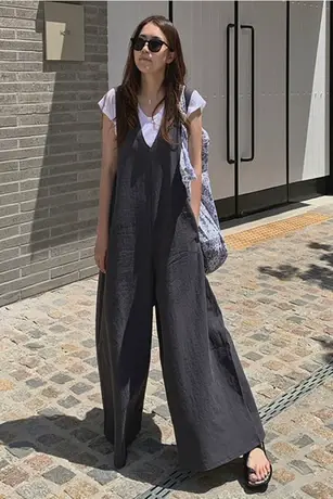 背带裤女夏装新款宽松大码阔腿连体裤裙学生休闲棉麻连体衣九分裤商品大图