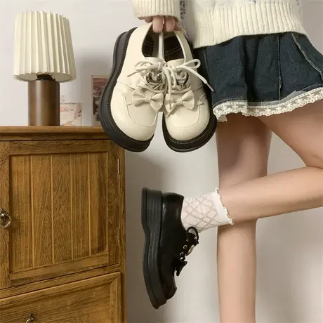 小皮鞋女配裙子厚底百搭鞋子2024新款春秋季蝴蝶结复古英伦乐福鞋图片