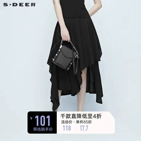 sdeer圣迪奥女装夏装黑色不规则搭片飘带雪纺半身裙长裙S20281109😎图片