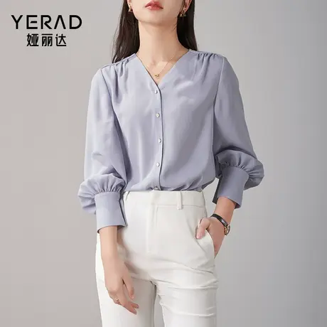 娅丽达女装蓝色v领衬衣女2024年春季新款通勤气质上衣设计感衬衫商品大图
