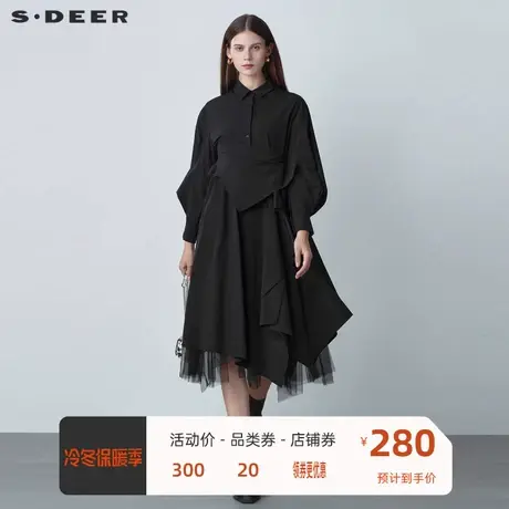 sdeer圣迪奥女装不规则网纱拼接衬衫连衣裙S22161207图片