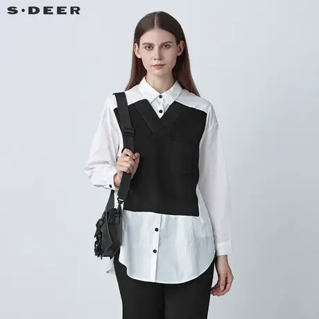 sdeer圣迪奥女装秋冬时尚翻领撞色拼接中长款衬衫S221Z0504商品大图