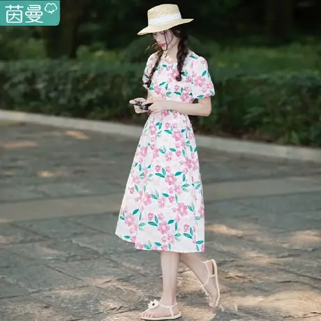 茵曼官方旗舰店碎花连衣裙2023新款女夏季高端纯棉显瘦方领高级感图片