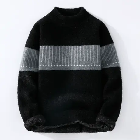 半高领毛衣男士秋冬季新款加厚保暖毛线衣潮牌宽松拼色长袖针织衫商品大图