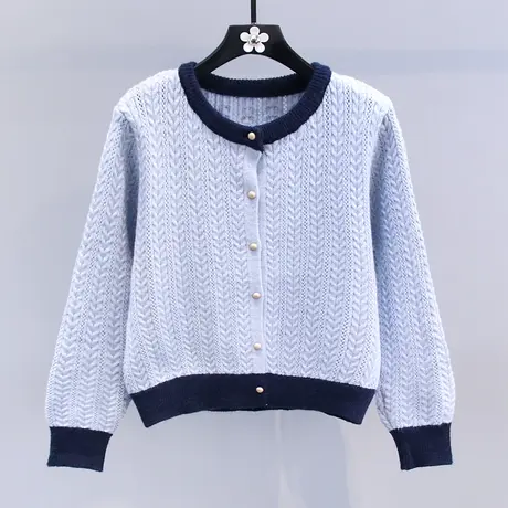 撞色学院风圆领麻花毛衣外套女秋冬2023新款高级感短款针织开衫图片