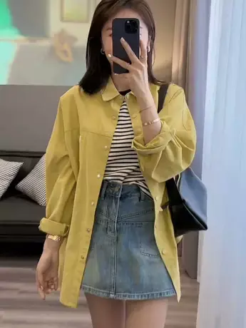 长袖宽松欧货牛仔衬衫外套女2023春季新款中长款休闲显瘦衬衣开衫商品大图