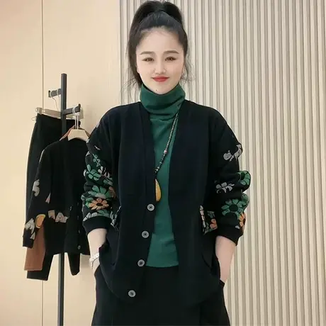 秋冬季时尚新款休闲百搭大码显瘦宽松加绒加厚开衫卫衣印花外套潮商品大图