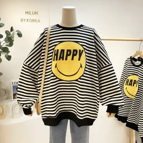 ins小众卫衣韩国东大门21秋冬款慵懒笑脸条纹上衣宽松毛圈棉大码商品大图