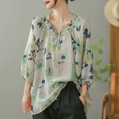 dza 复古印花纯棉女士衬衫2023夏季薄款套头衬衣漂亮宽松休闲上衣图片