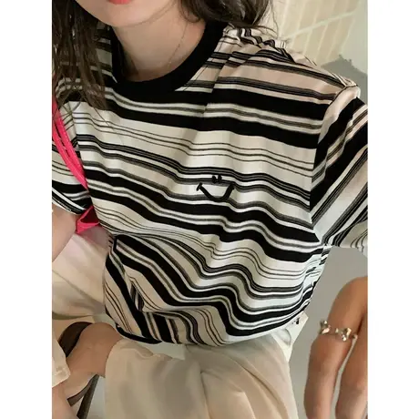oversize日系复古条纹短袖t恤女夏韩版宽松ins慵懒风chic百搭上衣商品大图