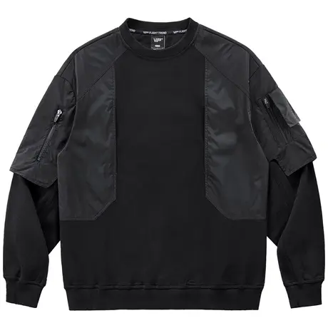 VIP机能圆领卫衣男拼接假两件重磅长袖t恤潮牌赛博朋克设计感上衣图片