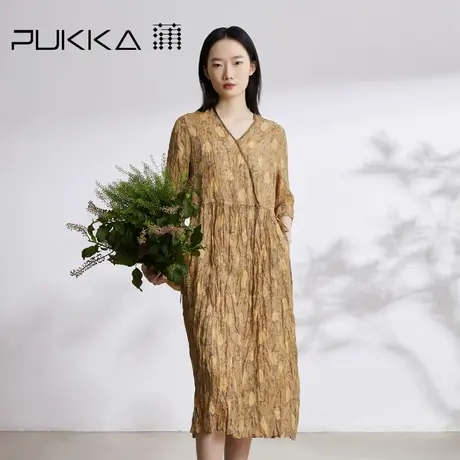 蒲PUKKA 原创设计女装2023夏季新品新中式国风斜门襟压褶连衣裙图片