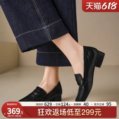 星期六2025春季新款法式深口单鞋女圆头真皮低跟粗跟英伦乐福鞋商品大图
