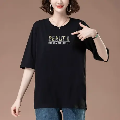 纯棉七分袖t恤女春秋加肥加大码女装宽松中老年妈妈遮肚显瘦上衣商品大图