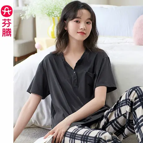 芬腾睡衣女款纯棉短袖长裤薄款夏季可外穿甜美可爱女士家居服套装商品大图