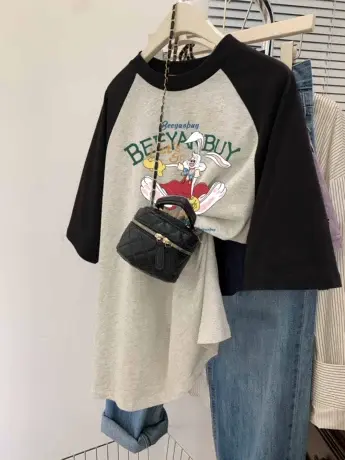 港味chic插肩拼接短袖夏胖mm遮肚上衣藏肉大码宽松美式复古t恤女商品大图