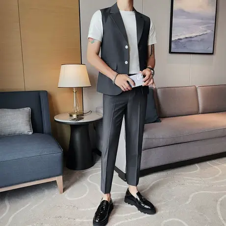 休闲薄款无袖西装男夏季垂感外套潮流痞帅修身西服搭配英伦九分裤商品大图