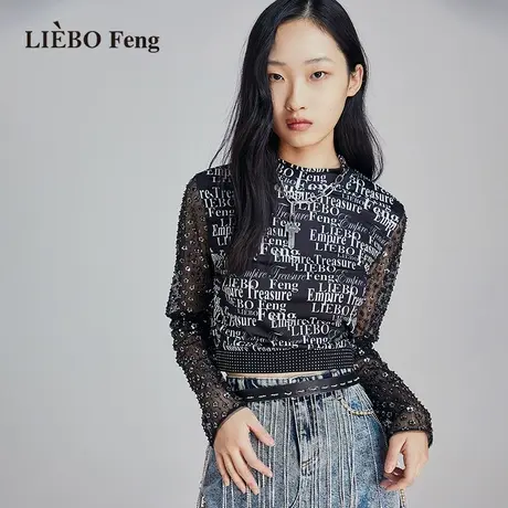 裂帛LIEBOFeng设计感ins复古印花镂空蕾丝亮片半高领黑色长袖T恤商品大图