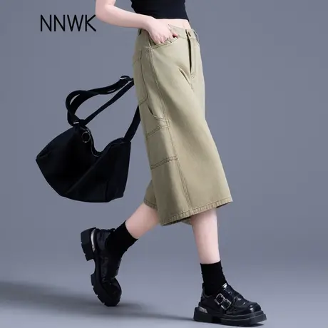卡其色七分裤女夏季2025新款宽松直筒工装裤复古高腰显瘦牛仔短裤商品大图