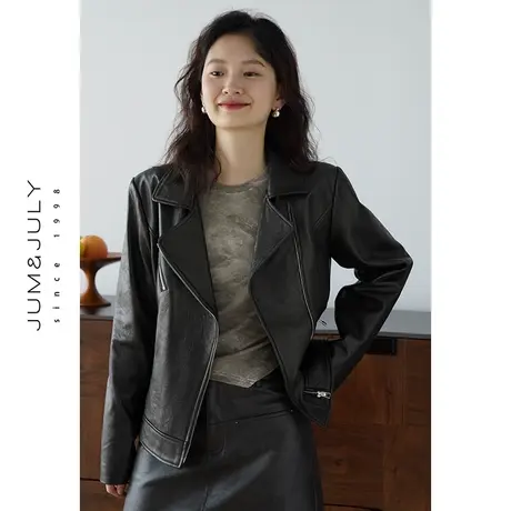 嘉茱莉2023秋季新款西装领皮衣外套女短款宽松皮外套1OO绵羊皮图片