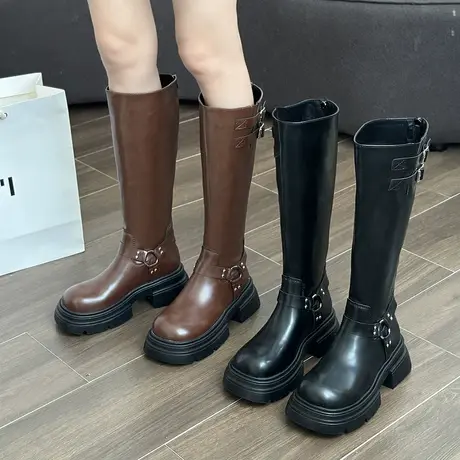 长筒靴女厚底高筒2023年新款春秋时装气质单靴炸街ins粗跟骑士靴图片