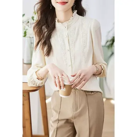 时尚气质淑女花边衬衫2023年春季新款温柔甜美显瘦通勤荷叶领上衣商品大图