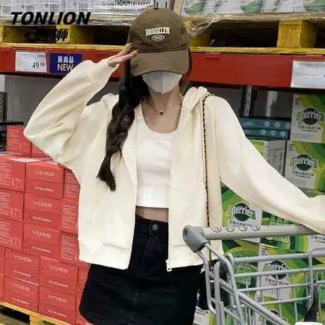 唐狮杏色小个子短款卫衣外套女2025新款秋季女款宽松外搭开衫VB图片