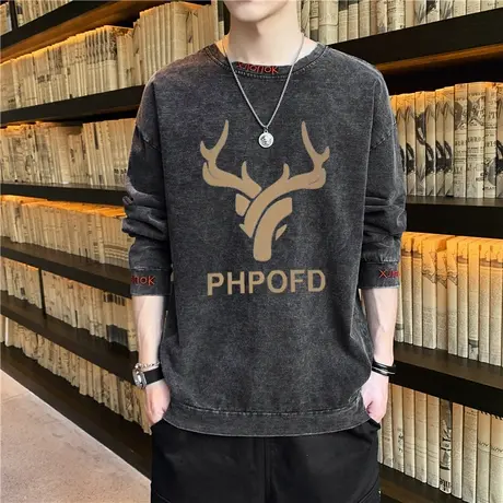 牛仔卫衣男士春秋季潮流ins宽松秋冬长袖t恤2023新款男生秋装衣服商品大图