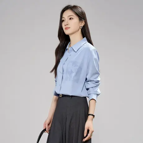 娅丽达蓝色重工刺绣翻领衬衫女2025秋季新款休闲小衫衬衣长袖外套商品大图