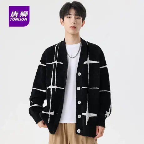 唐狮无领针织衫秋季薄款男士撞色休闲外套学生情侣装毛线上衣女AP图片