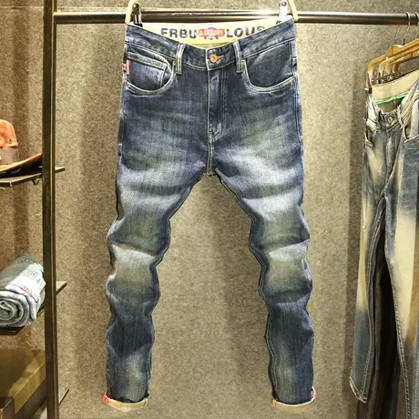 复古牛仔裤男秋冬新款日系怀旧重工水洗耐磨修身百搭小直筒裤子男图片