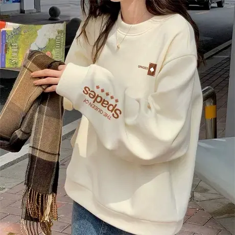 杏色宽松圆领卫衣女薄款2025早秋新款设计感小众洋气加绒上衣外套商品大图