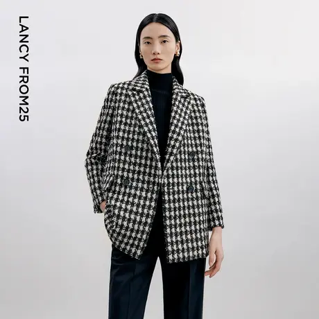 LANCY/朗姿2024秋季羊毛大翻领黑白格纹外套千鸟格气质格子女上衣商品大图