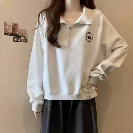 美式复古半拉链Polo翻领卫衣女春秋季宽松韩版重工刺绣插肩袖上衣商品大图